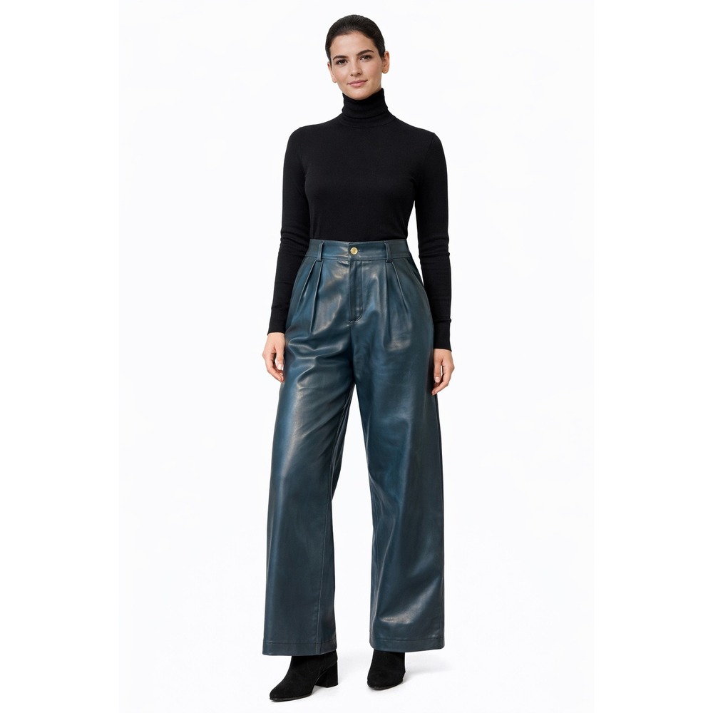 Simon Miller Leather Pants Blue Green High Waist‎ Pleated Wide Leg waist 27
